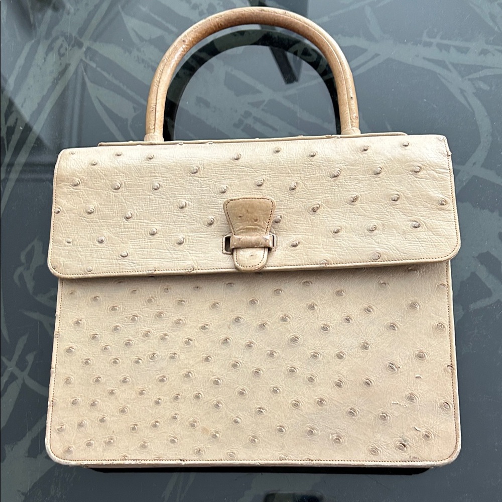 Cream Structured Satchel with Ostrich Texture